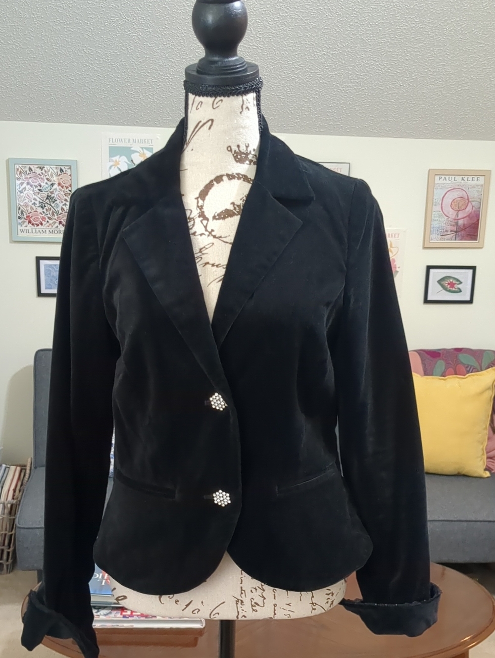 Y2K Black Velvet Women's Blazer with Rhinestone Buttons